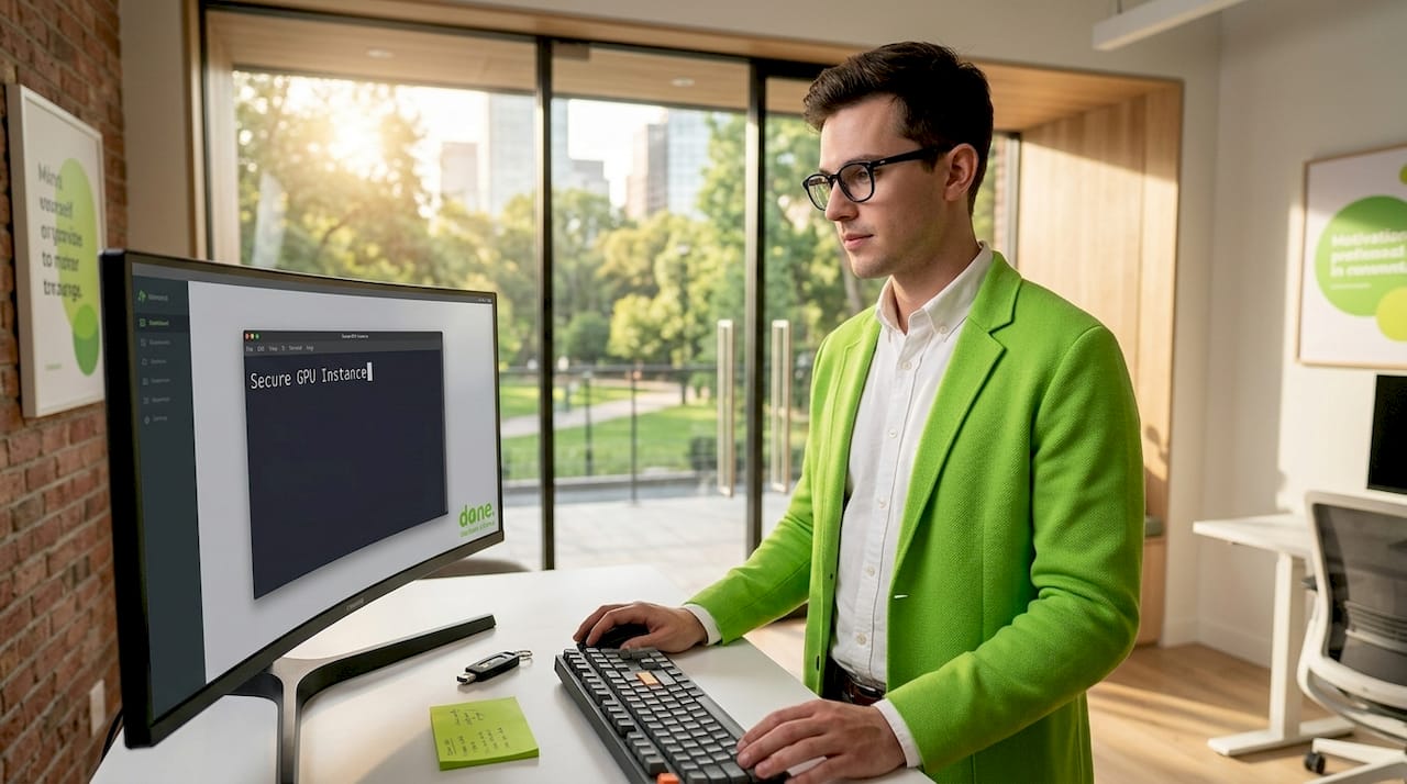 IT manager at workstation with secure computing setup