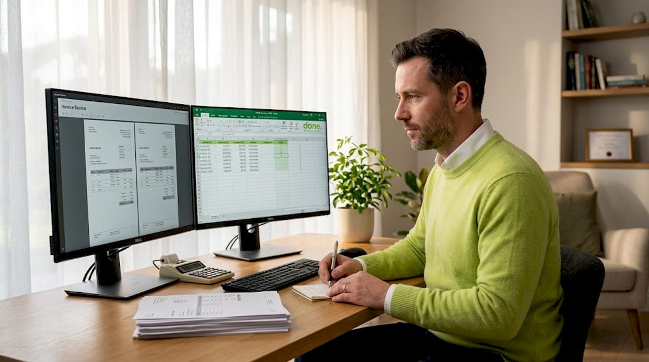 Man reviewing AI-processed invoices at desk