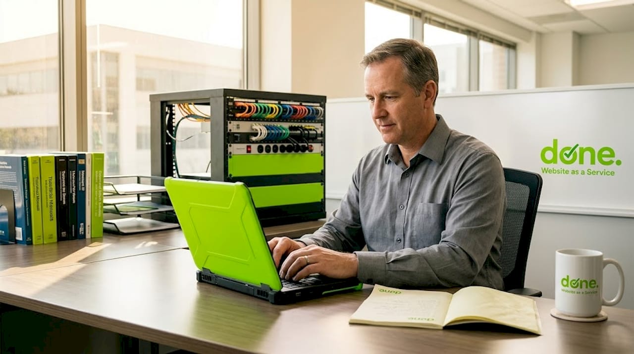 IT manager reviewing tech stack in small server room