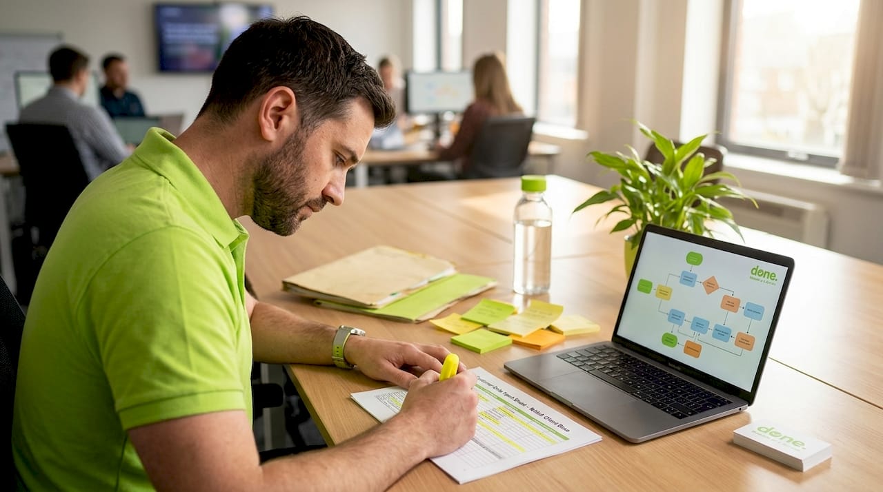 Employee highlights printed data sheet in workspace