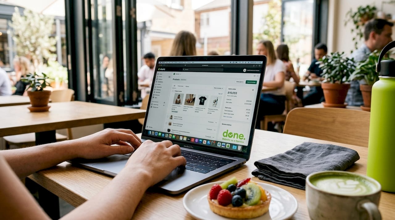 Hands typing on laptop with Shopify dashboard