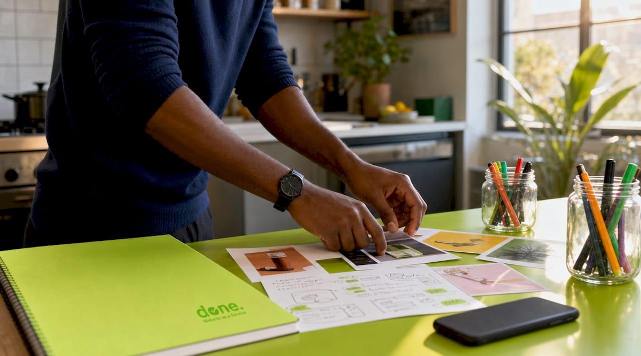 Hands arranging product page photos and notes