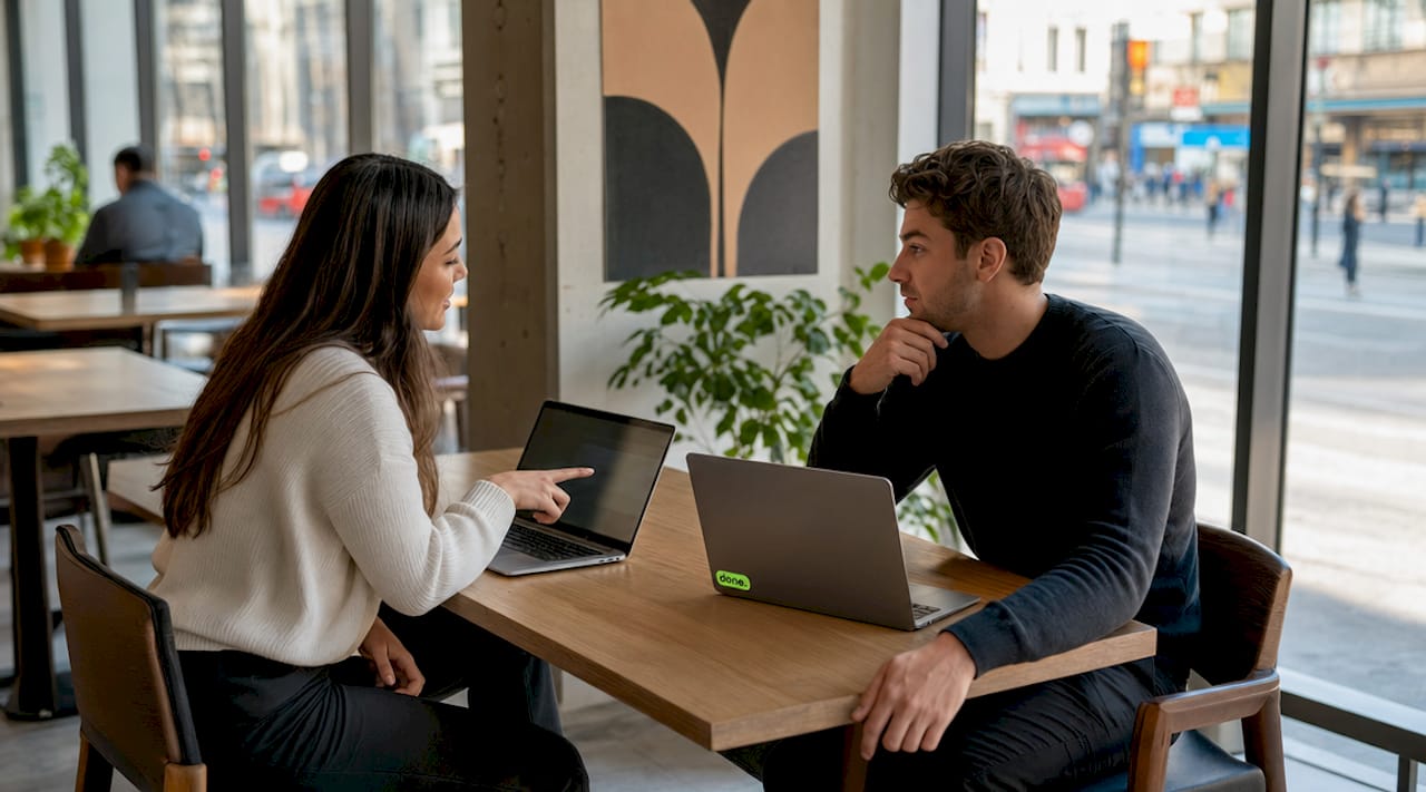 Two professionals discussing website performance data