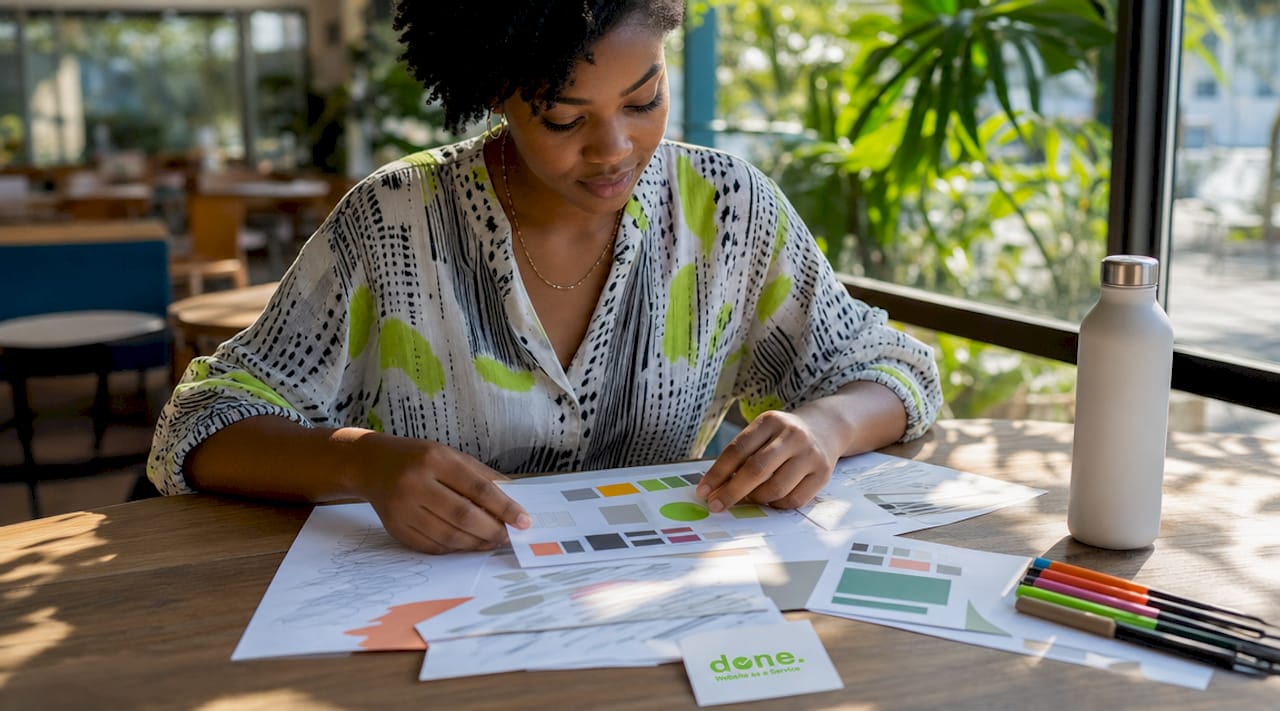 Close-up of hands arranging brand identity materials