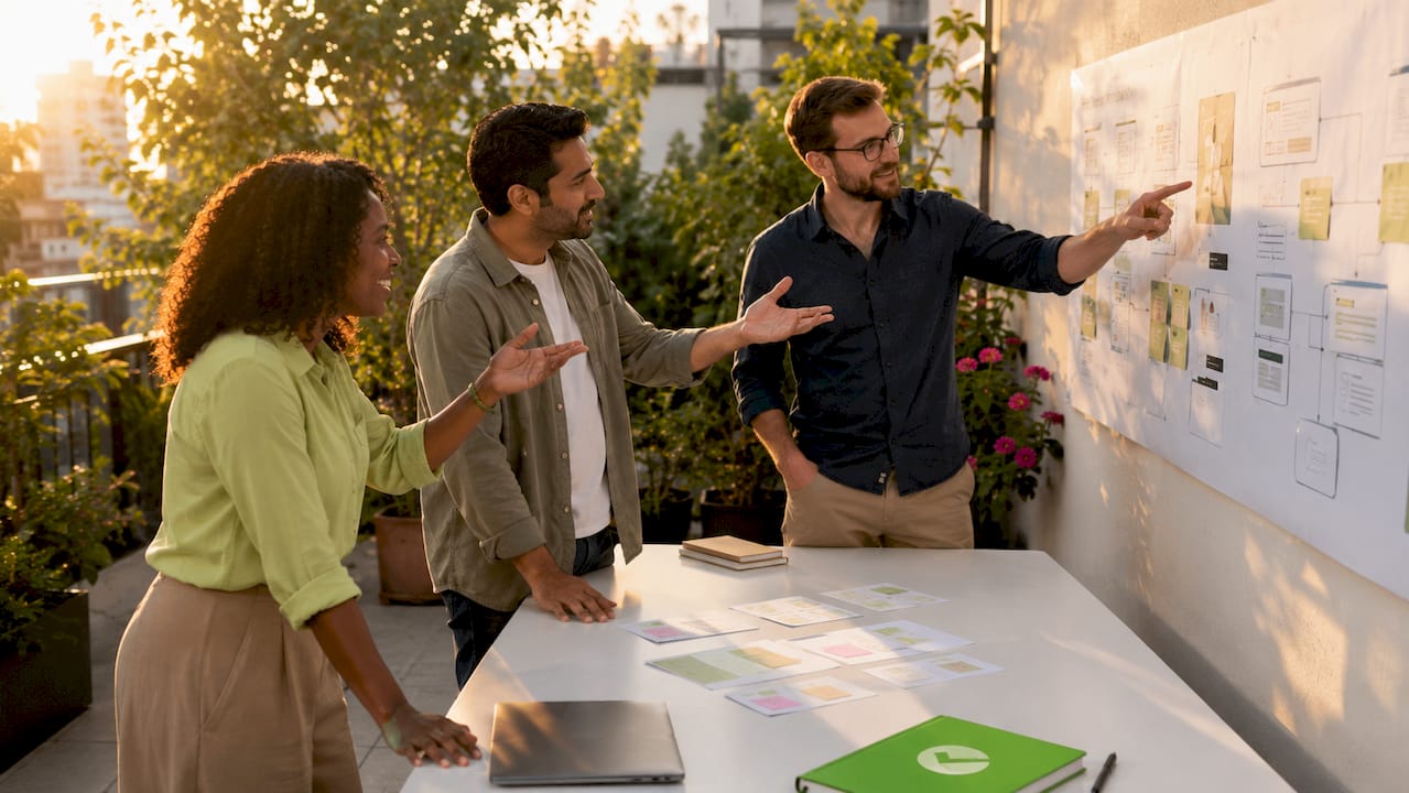 Team discussing core UX design principles around table