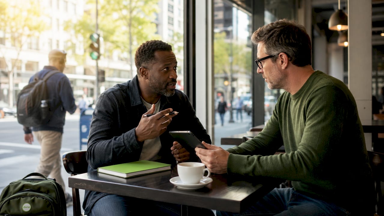Two men discussing inbound vs outbound marketing