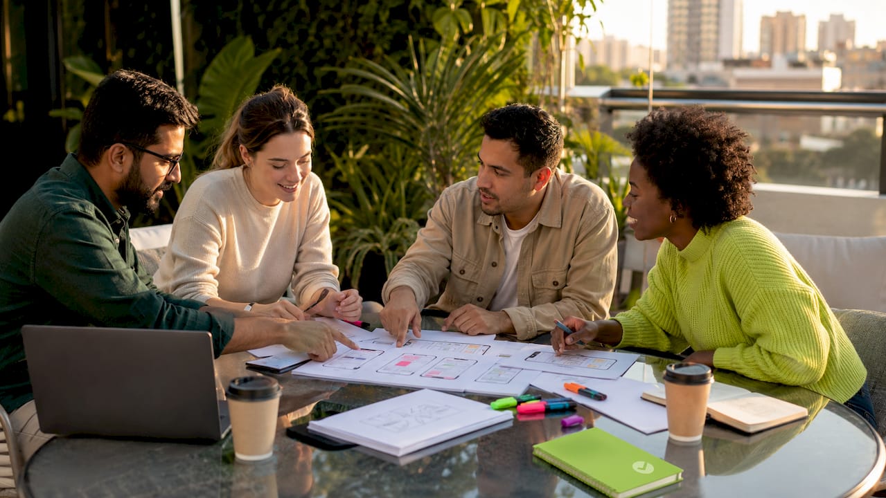 Team discussing mobile-first design mockups in office