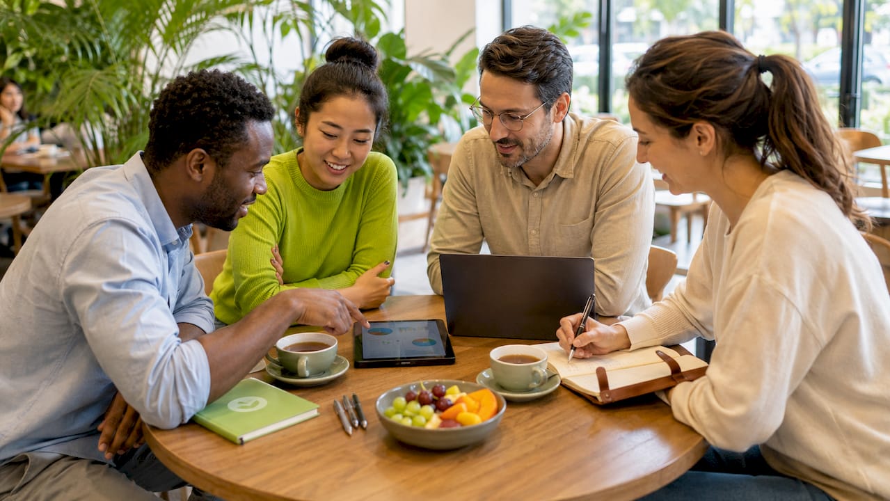 Team collaborating around tablet in meeting room