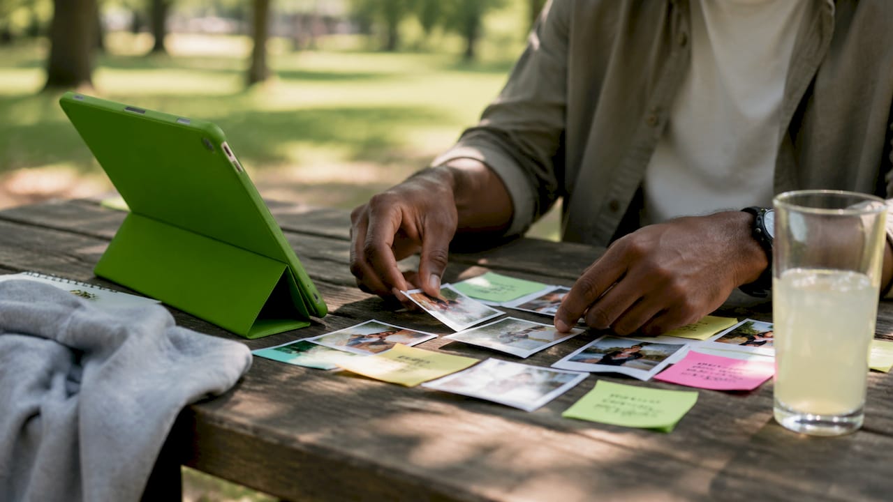 Overhead view of hands organizing ecommerce user photos