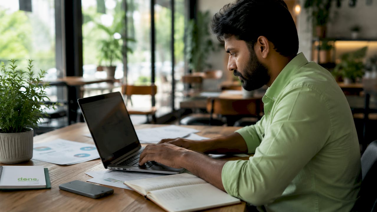 Man validating product niche using laptop and business documents