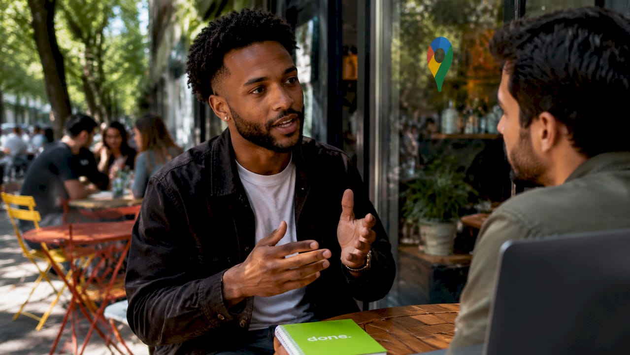 Business owner showing local SEO effects outdoors