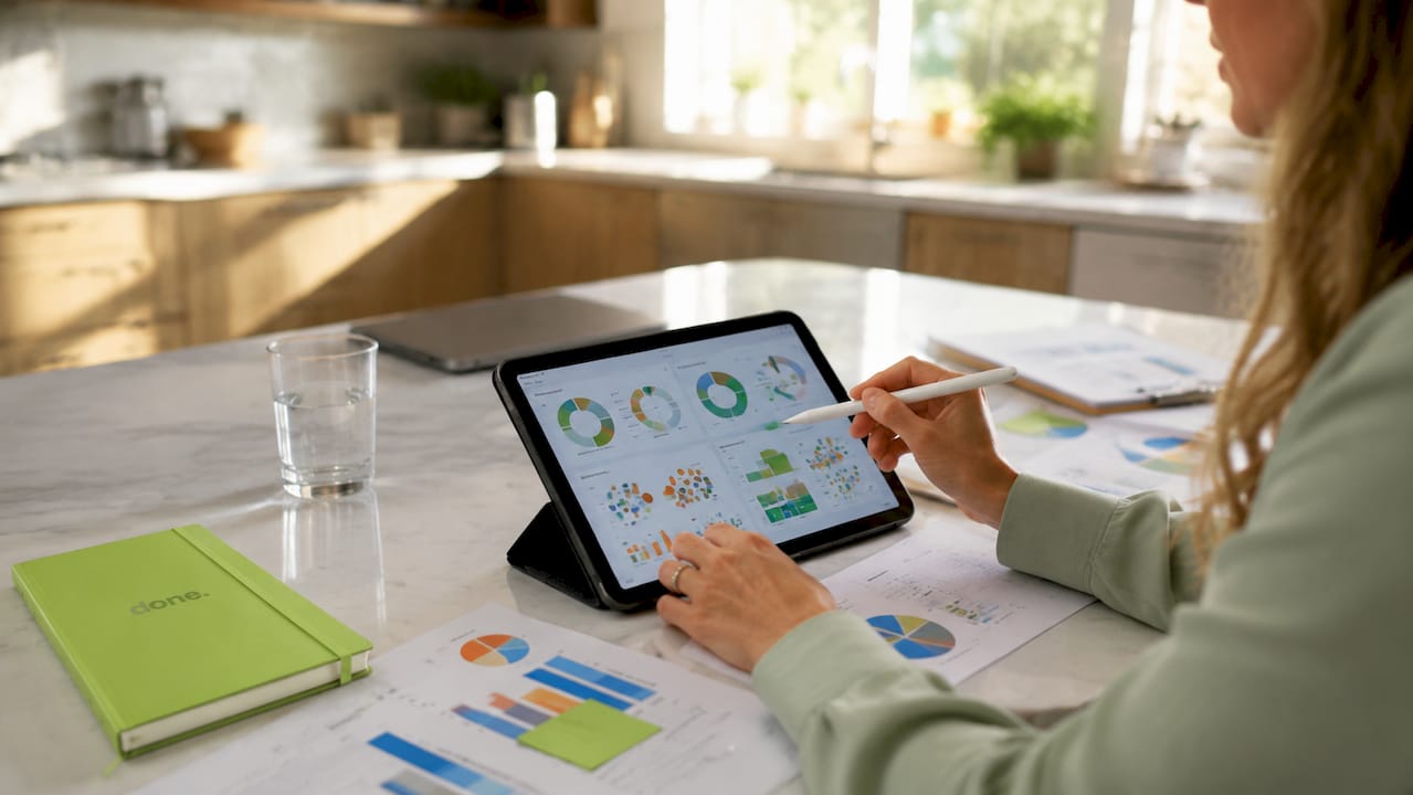 Hands interacting with marketing data tablet