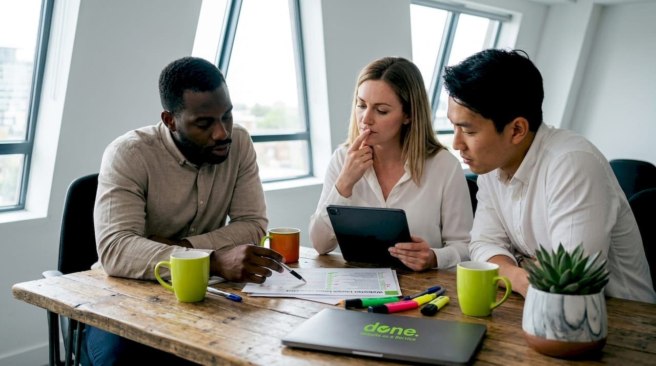 Team reviewing website launch checklist