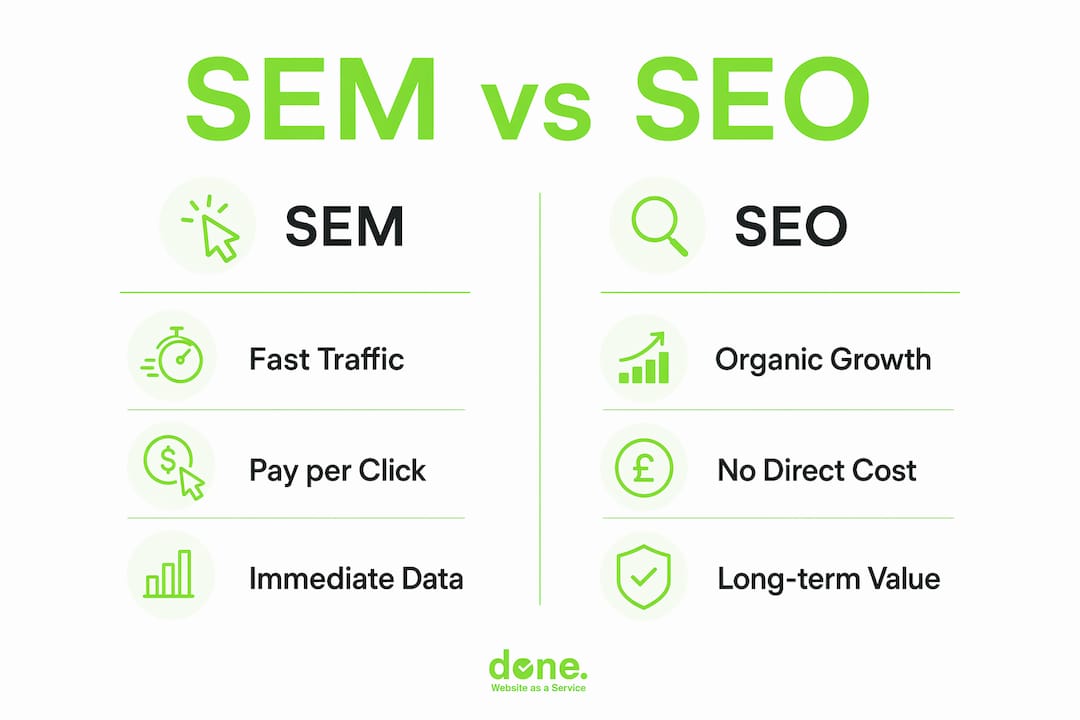 Comparative infographic of SEM and SEO for ecommerce