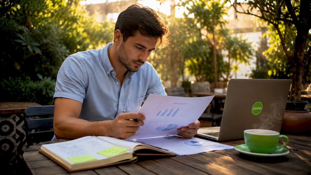 Marketer analyzing customer surveys at desk