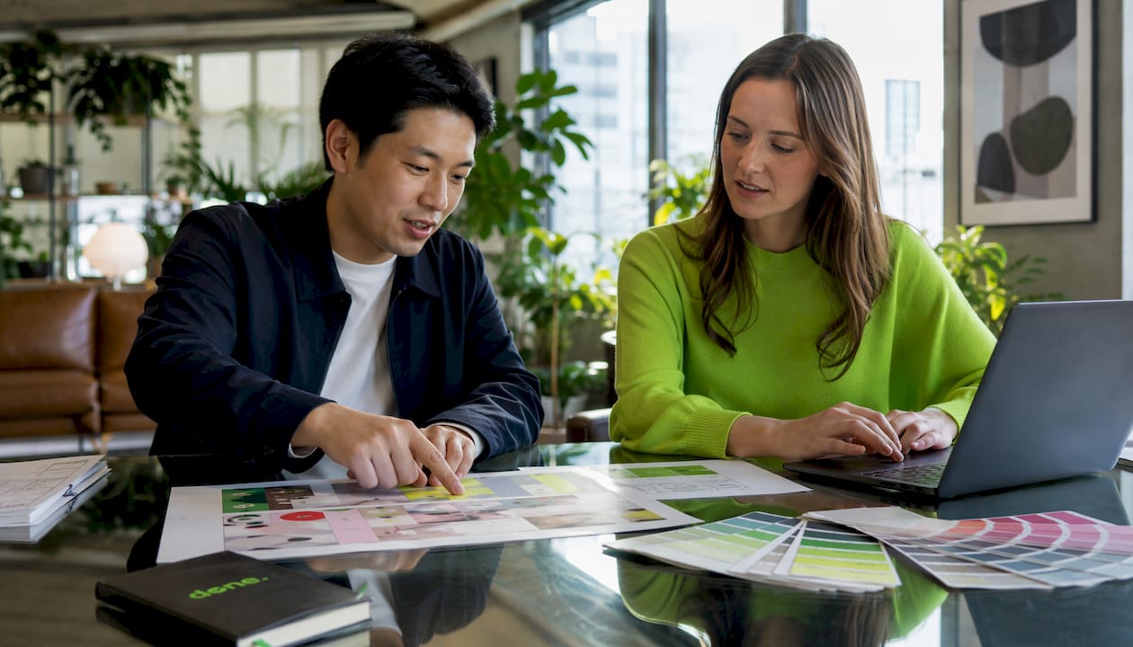 Two professionals discussing brand story
