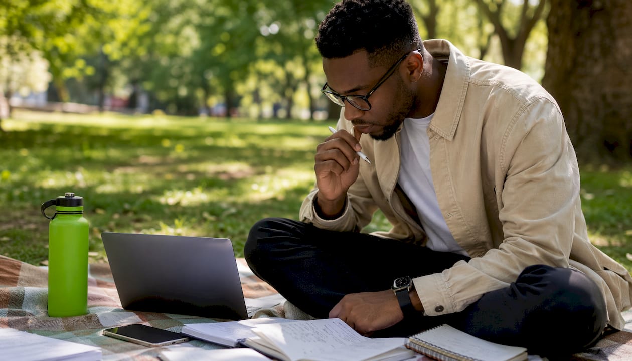 Man conducting keyword research at white desk side profile