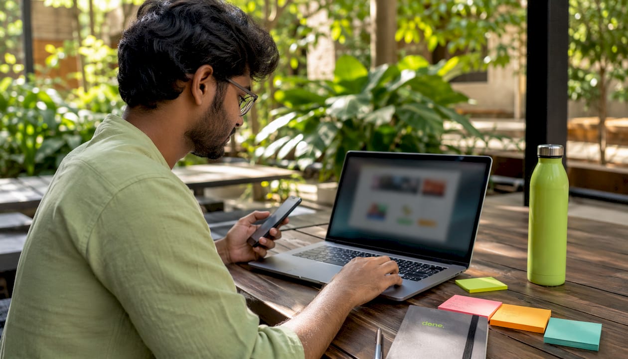 Web developer testing site responsiveness in co-working space