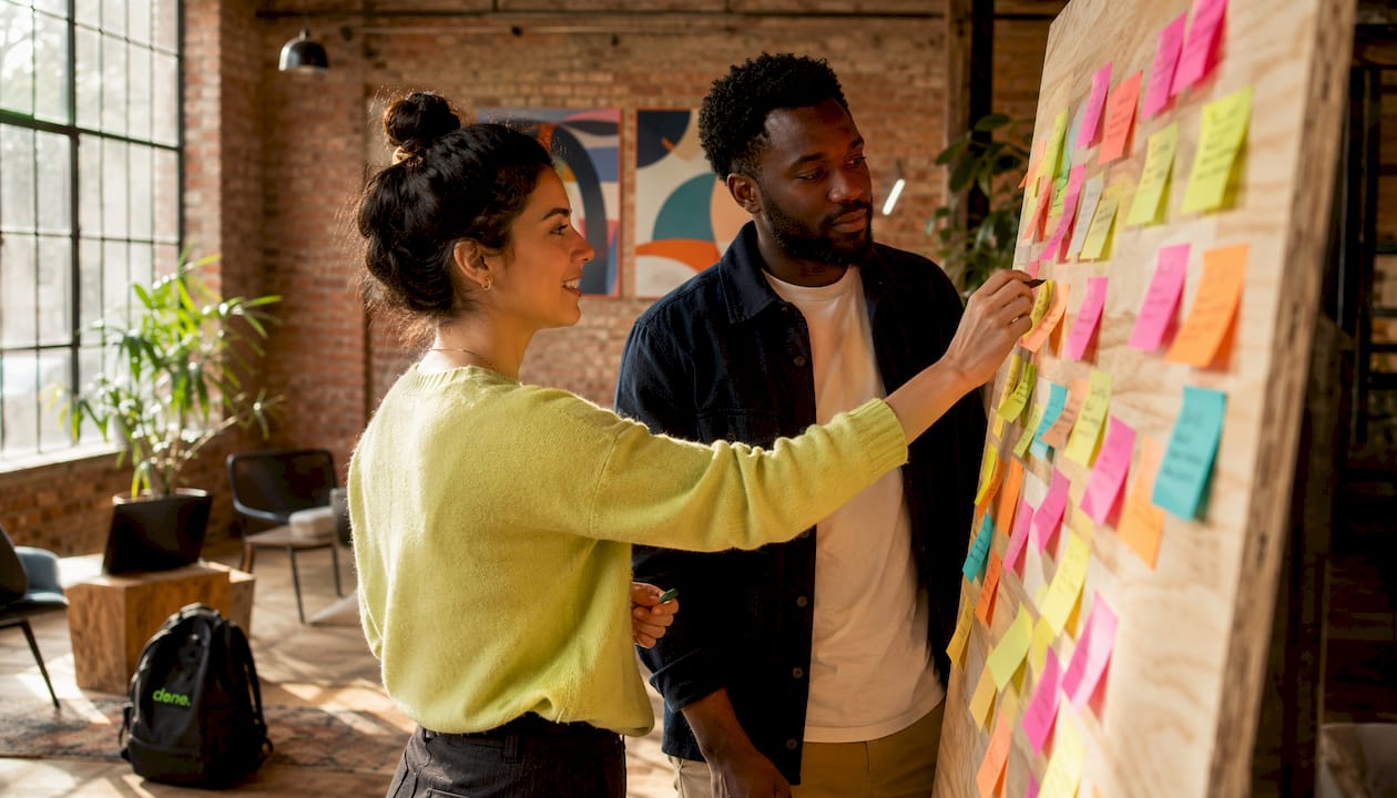 Hands arranging sticky notes for design phases