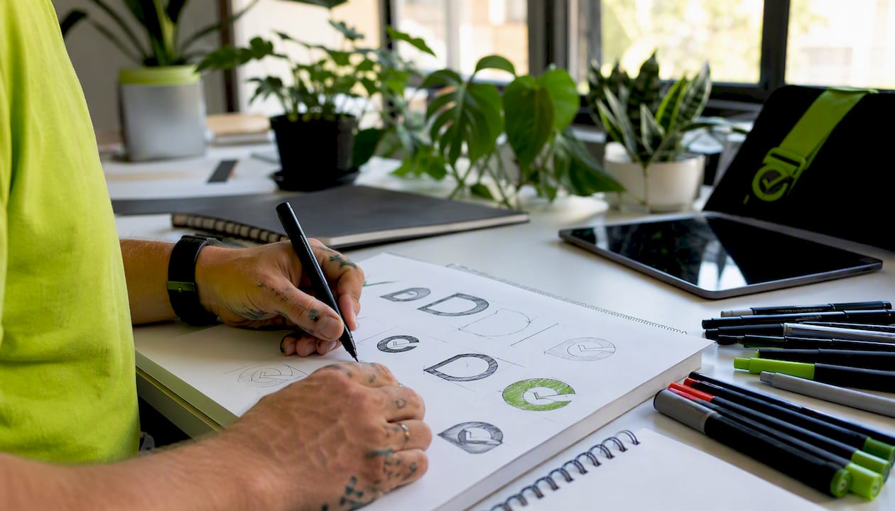 Hands sketching logos in design studio