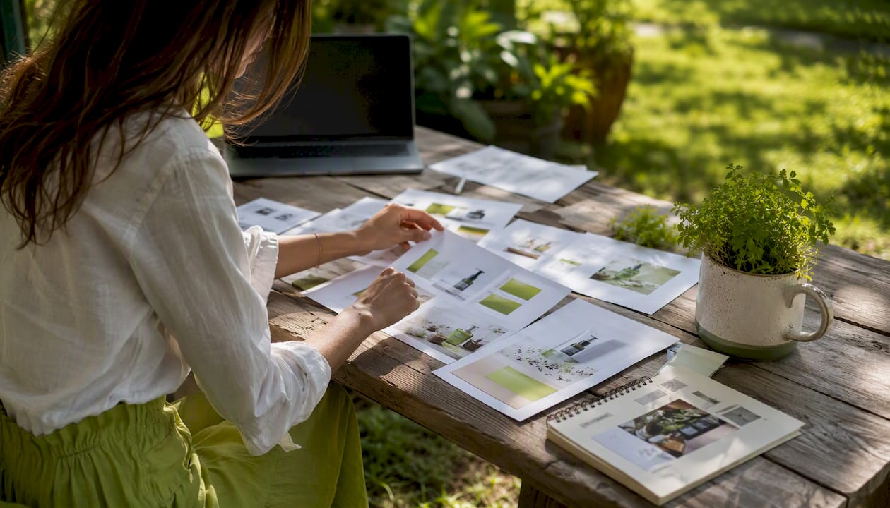 Close-up of hands arranging product page prints