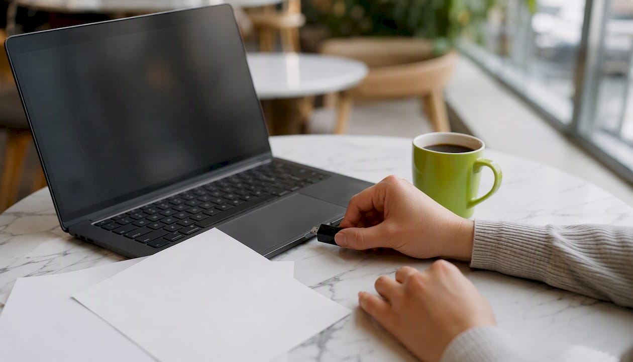 Hands inserting USB drive near blank papers on desk