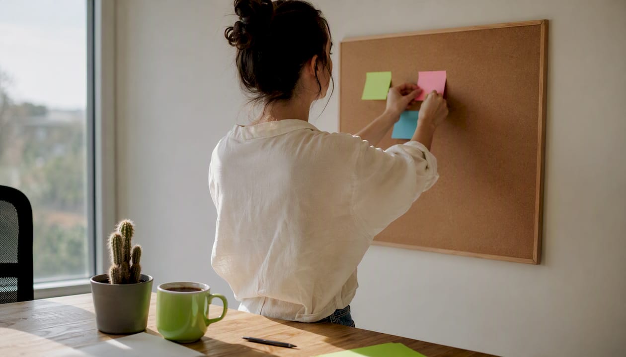 Hands arranging sticky notes on whiteboard