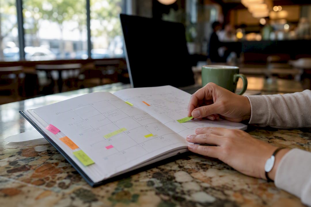 Hand placing tab on calendar for scenario review