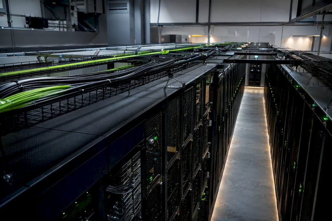 Glowing server racks in a room