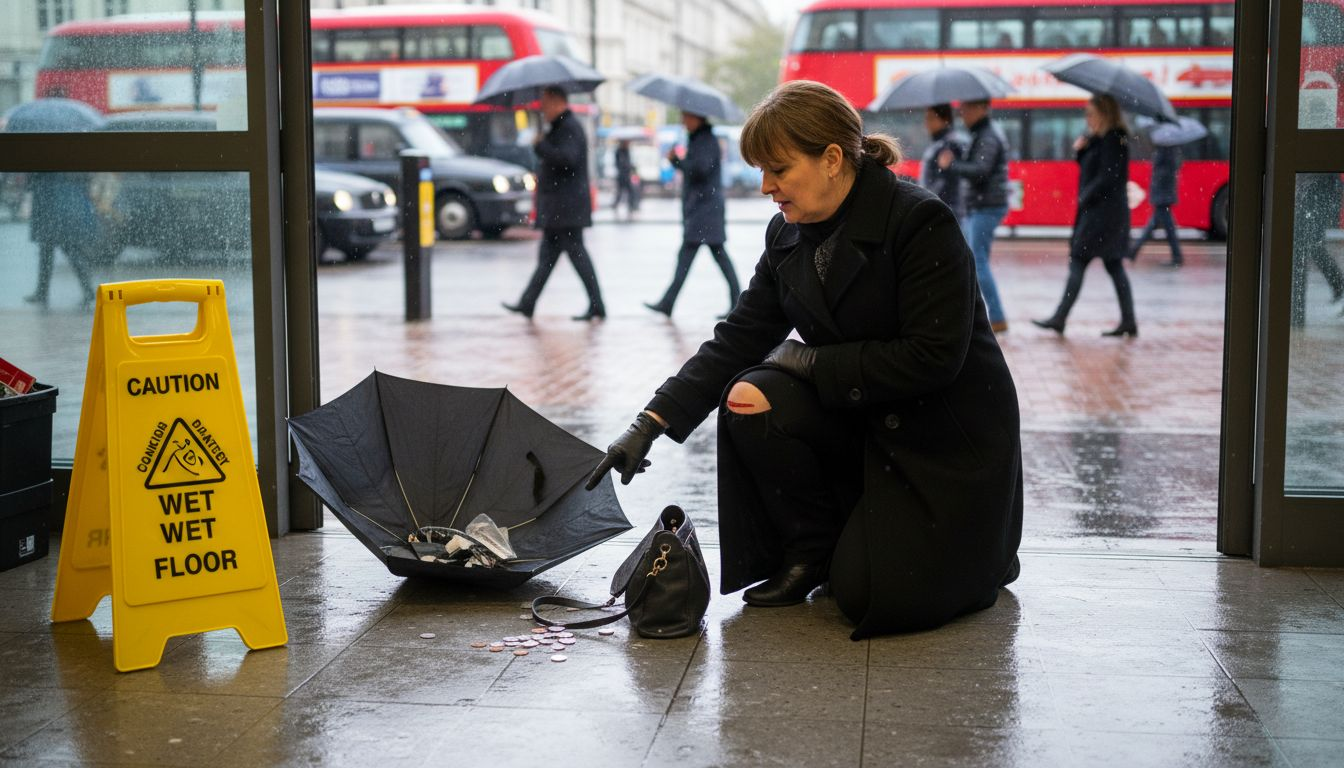 Woman after slip accident near supermarket entrance