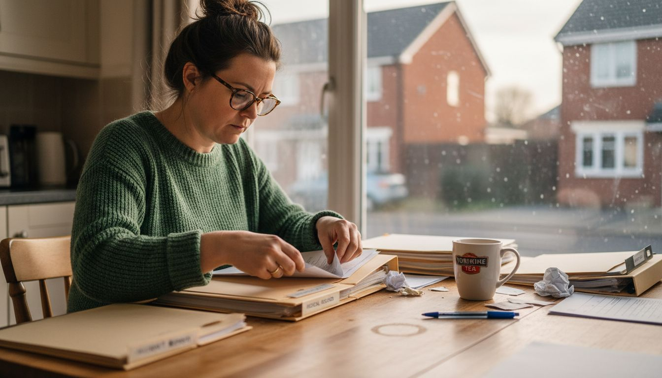 Woman sorting injury claim documents at kitchen table