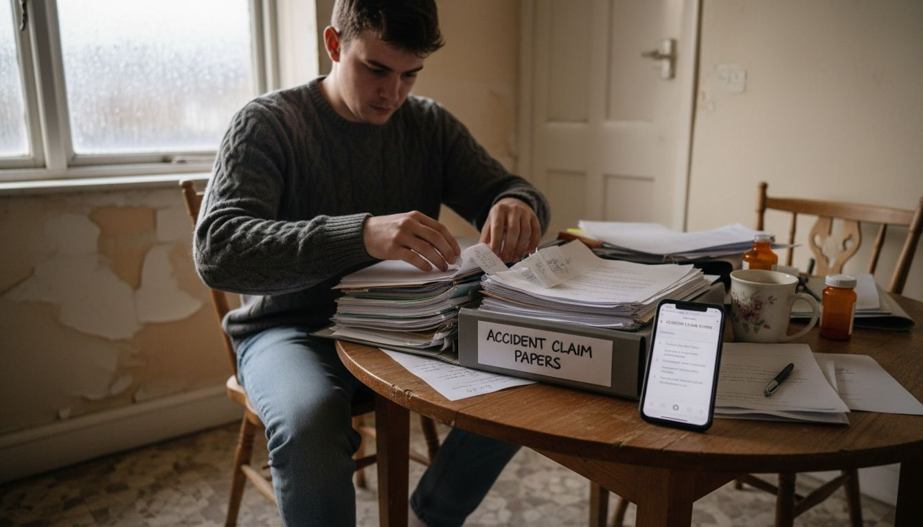 Person organizing injury claim documents at home
