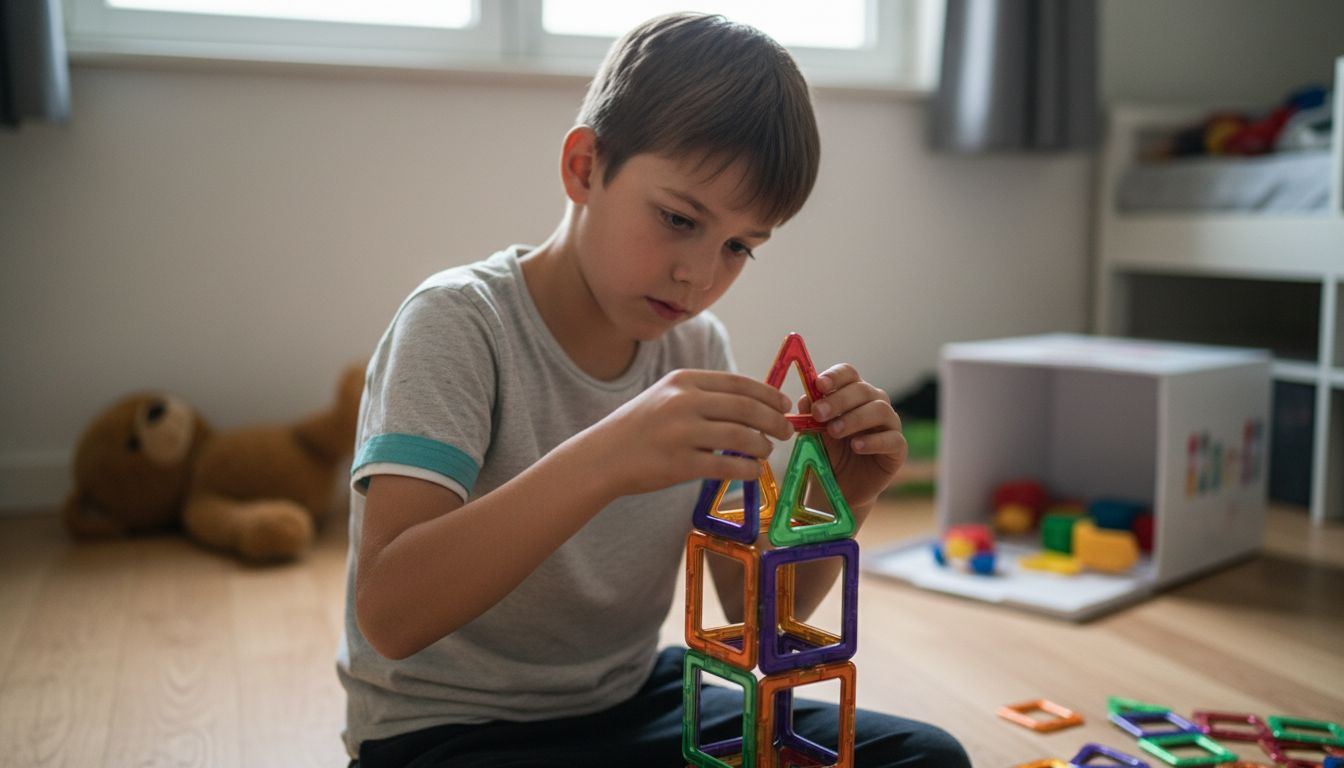 A boy lets his imagination run wild and creates an impressive structure out of magnetic building blocks.