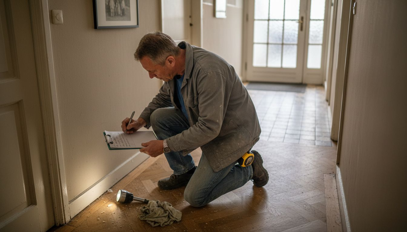 Een klusjesman loopt door de gang om te controleren of alles goed verloopt tijdens de verbouwing.