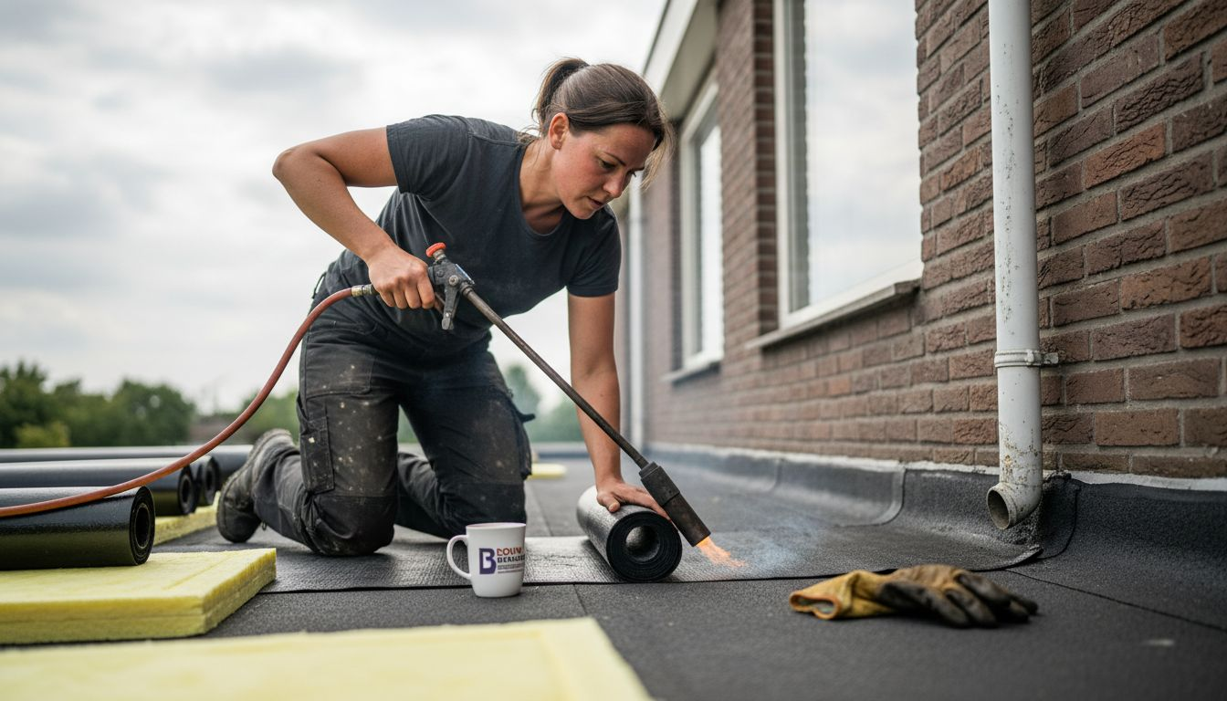 Een vrouw brengt een nieuwe laag bitumen aan op het platte dak.