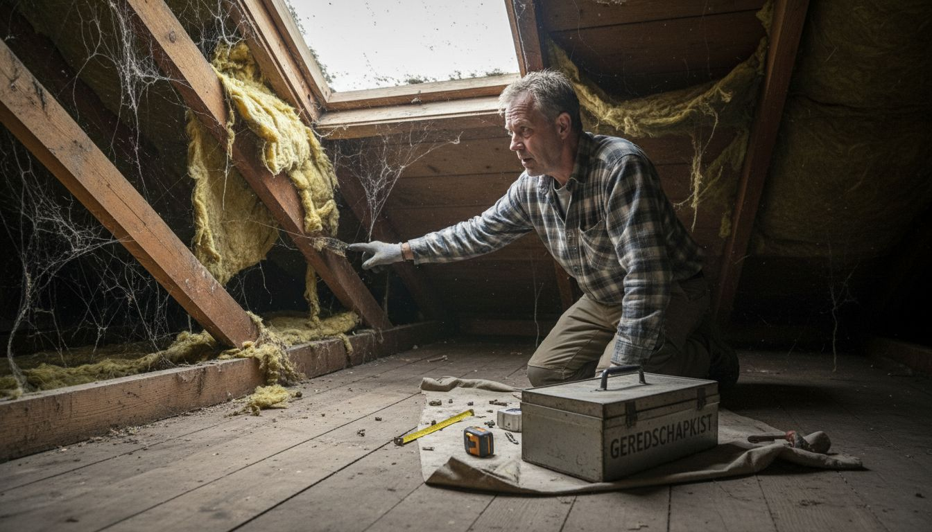 De bewoner onderzoekt of er vochtproblemen zijn bij de dakisolatie.