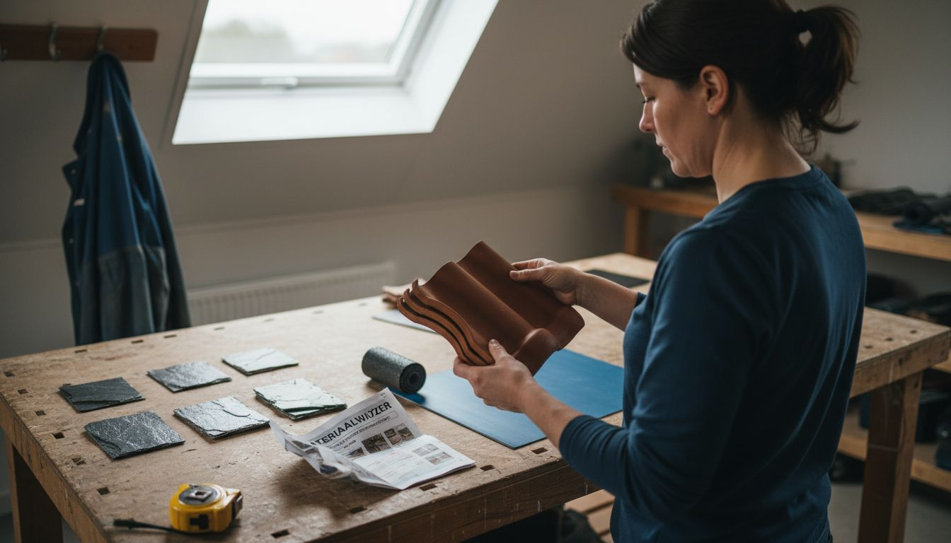 Op de werkbank leggen dakdekkers verschillende dakmaterialen naast elkaar om de eigenschappen en kwaliteit te vergelijken.