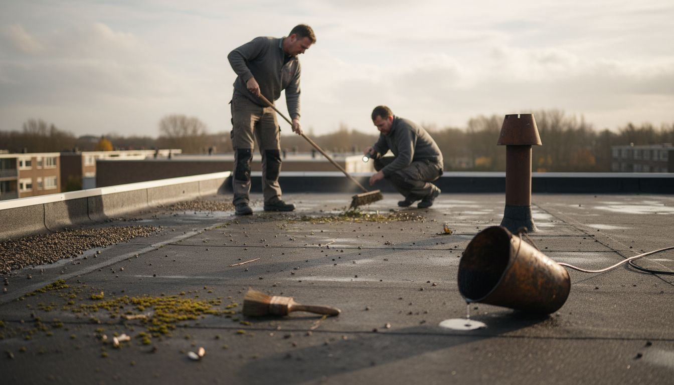 Onze vakmensen controleren het bitumen dak zorgvuldig en zorgen ervoor dat het grondig wordt schoongemaakt.