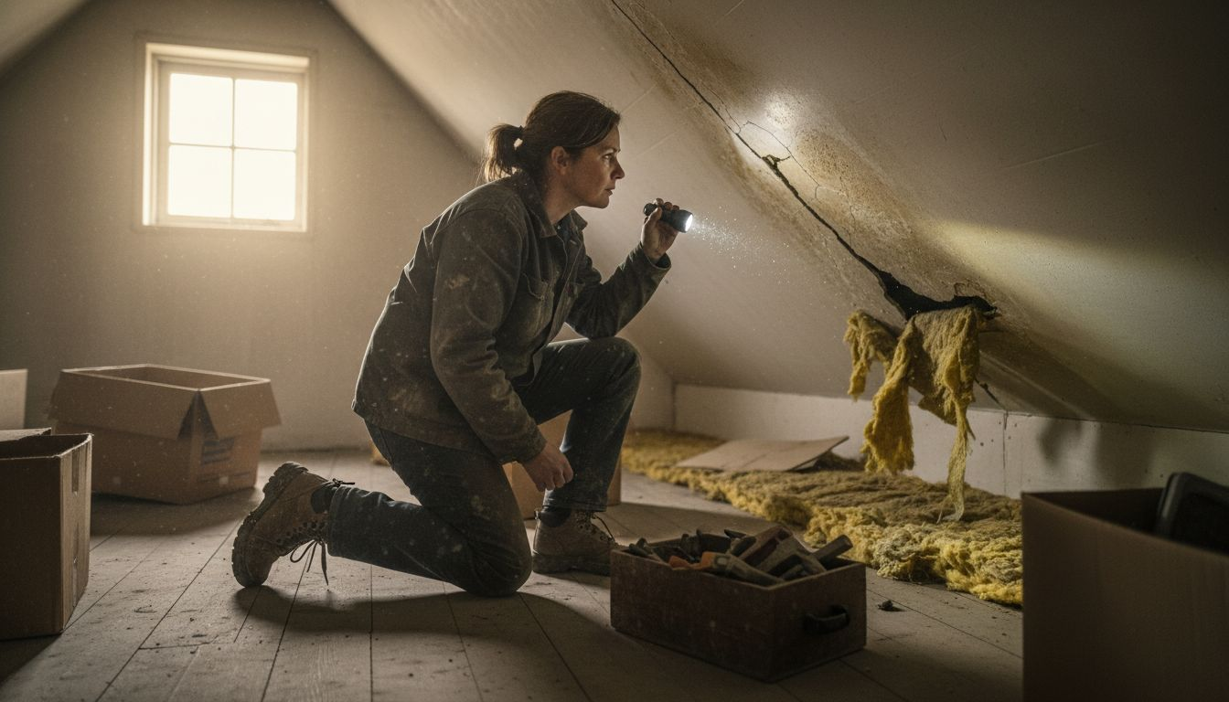 Vrouw stuit onverwachts op verborgen schade aan het dak tijdens inspectie van de zolder