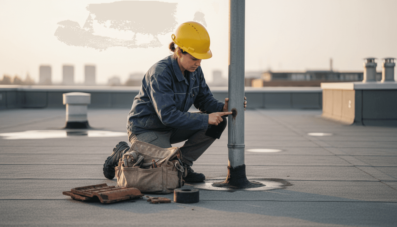 Een dakdekker speurt naar een lekkage op het platte dak.
