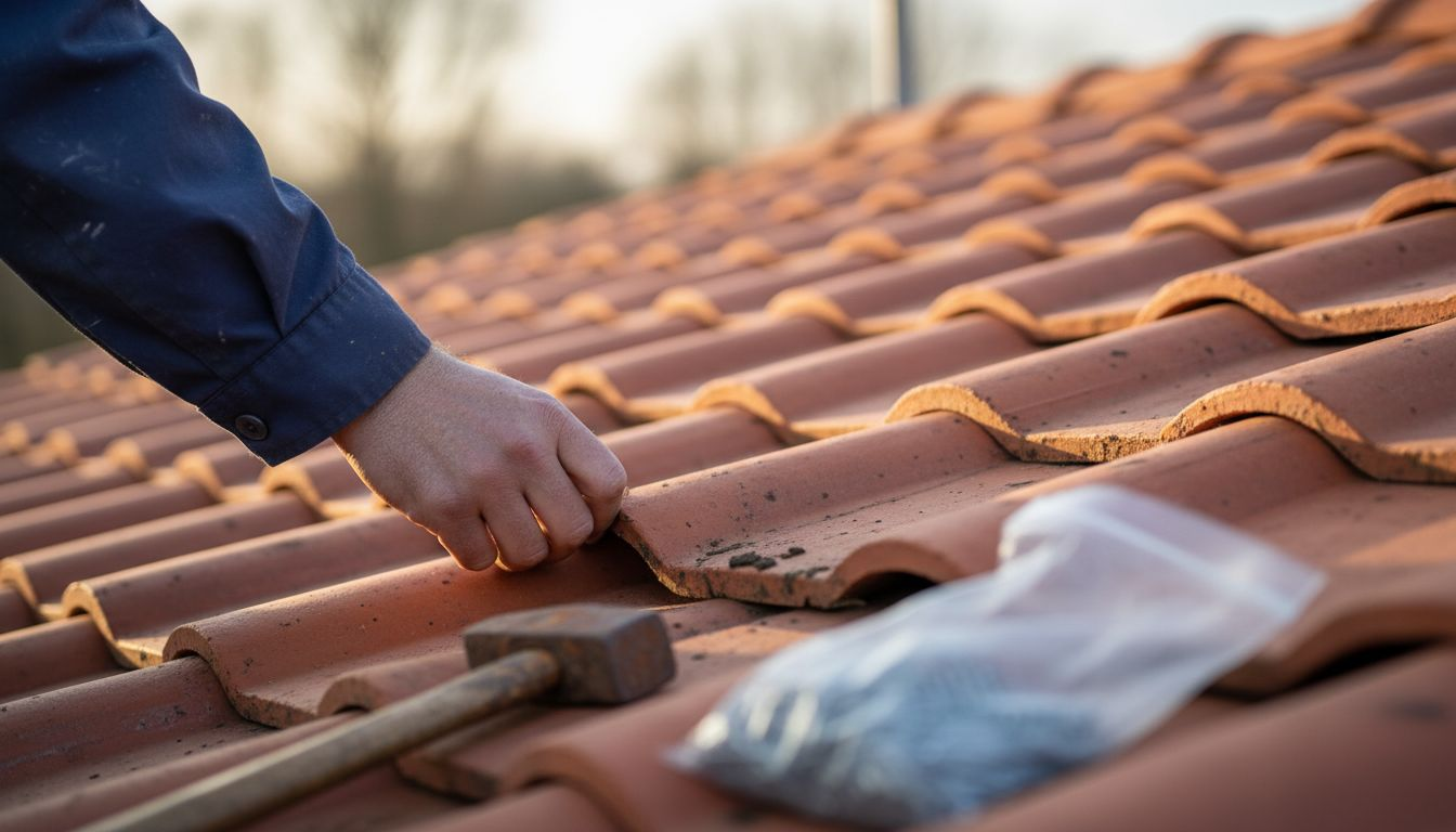 Een hand legt een keramische dakpan op zijn plaats, van dichtbij gefotografeerd.