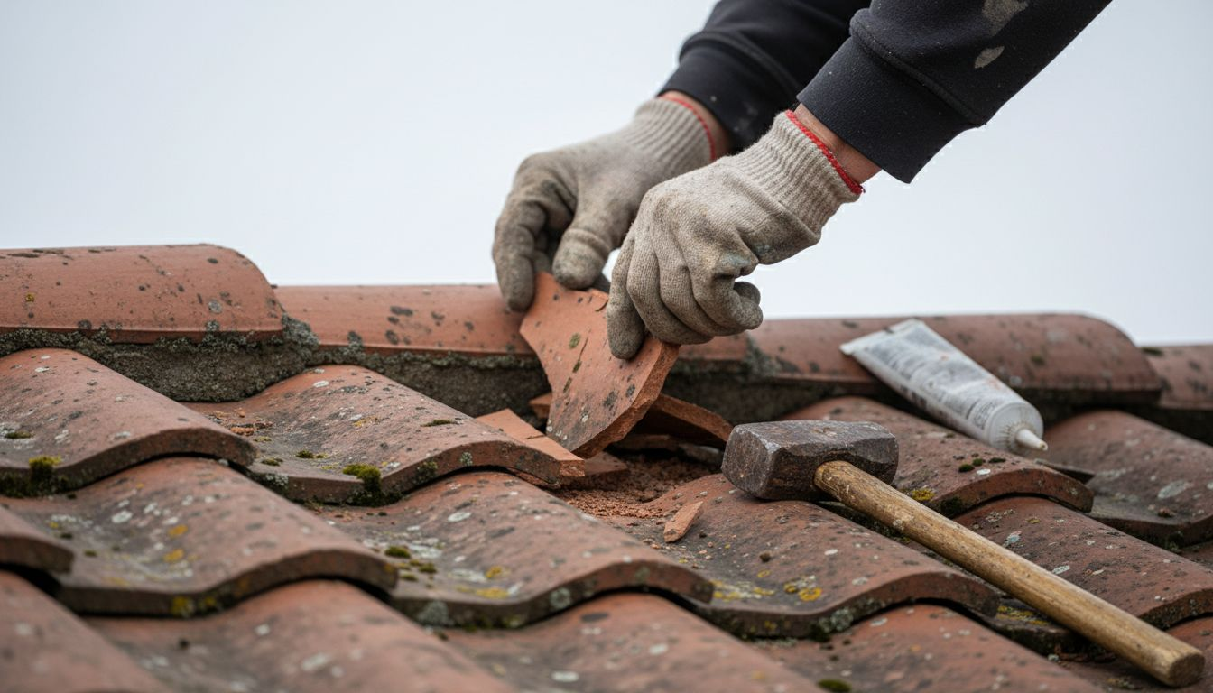 Een kapotte dakpan van dichtbij vervangen