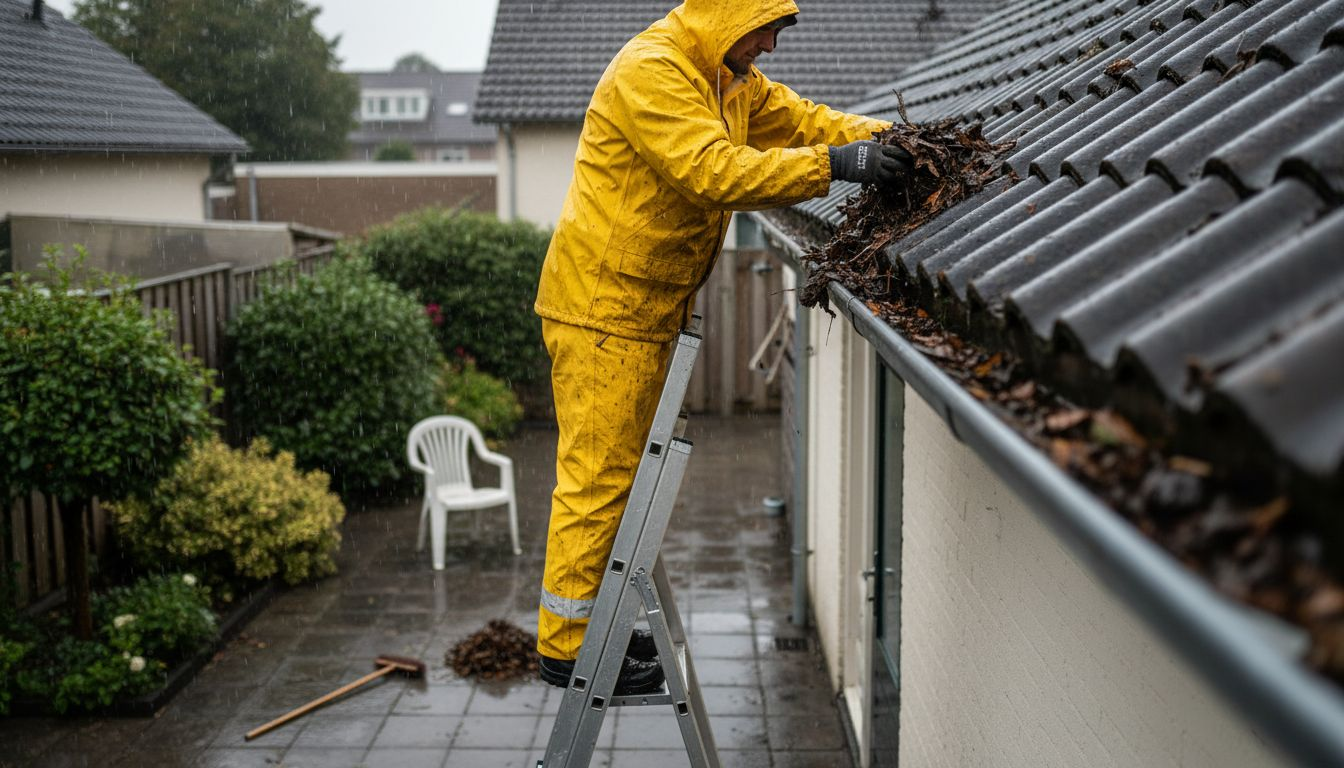 Terwijl het buiten hard regent, is de loodgieter druk bezig om een verstopte dakgoot schoon te maken.