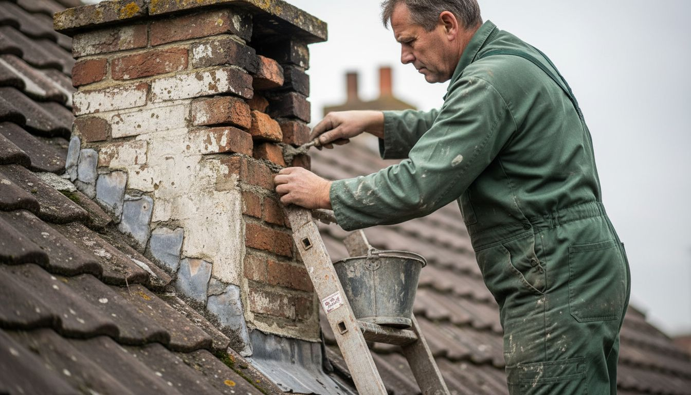Een ervaren dakdekker knapt een verouderde schoorsteen op.