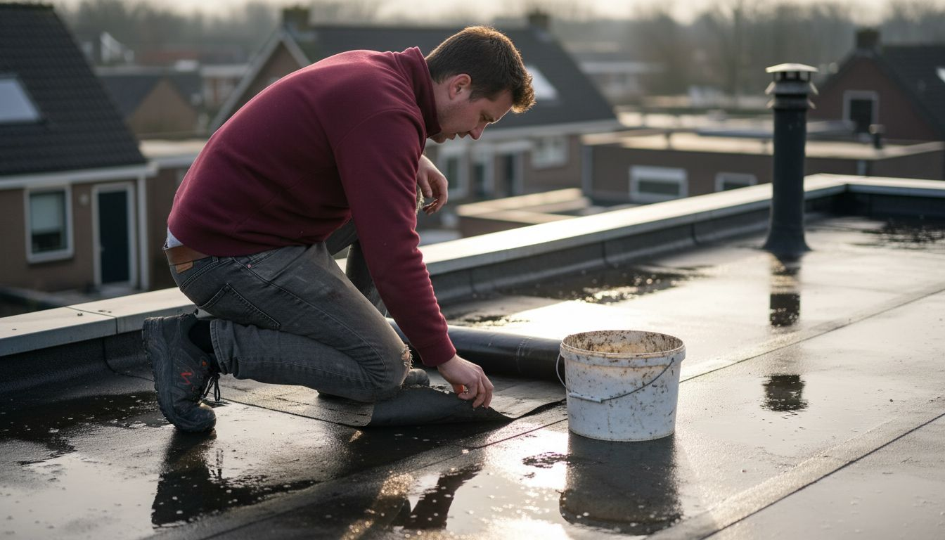 Een specialist bekijkt het platte dak grondig vanwege zichtbare slijtage.