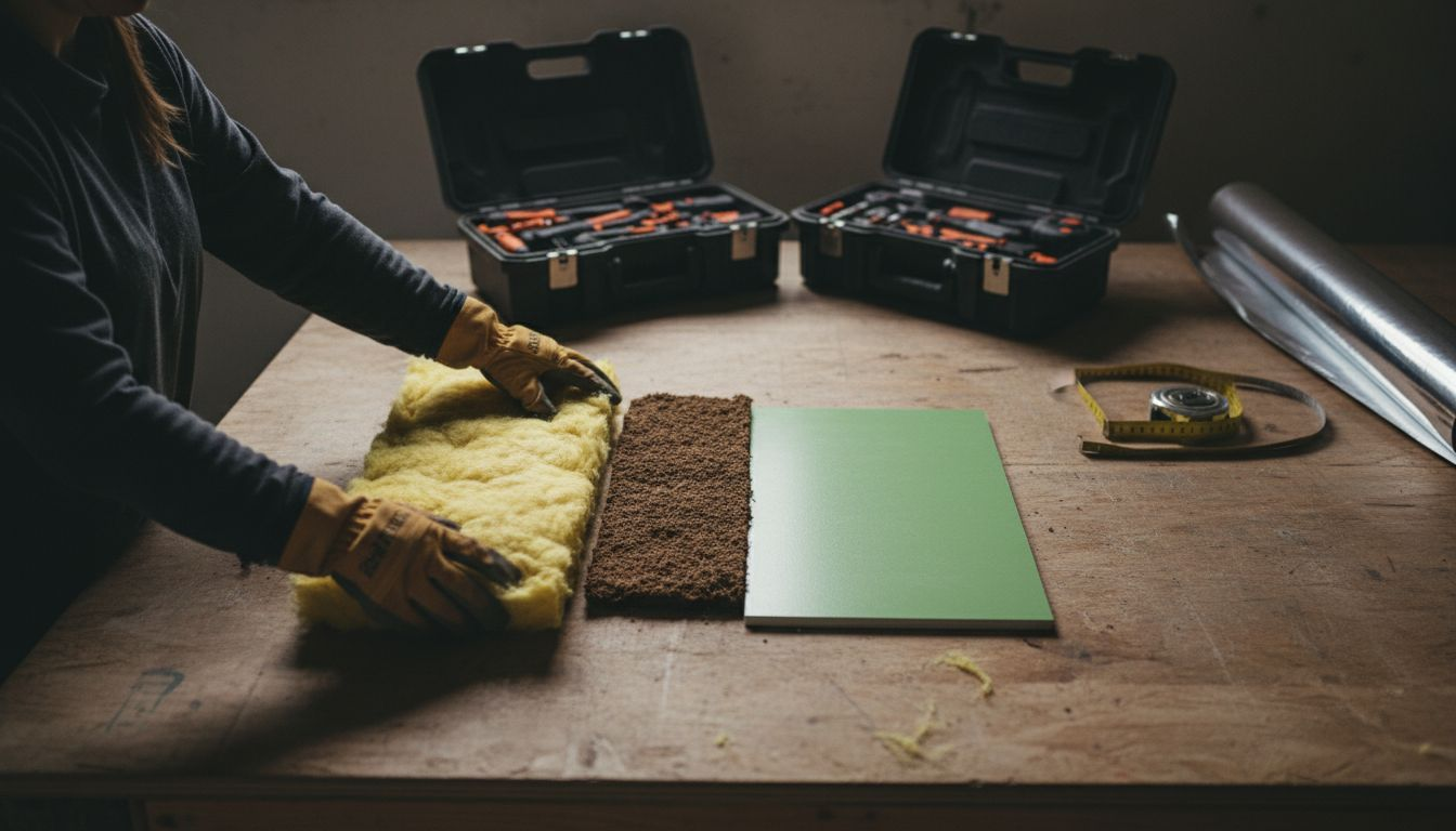 Verschillende isolatiematerialen naast elkaar op een houten werkbank