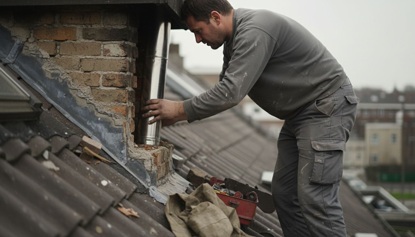 Een installateur brengt een rookgasafvoer aan in de schoorsteen.