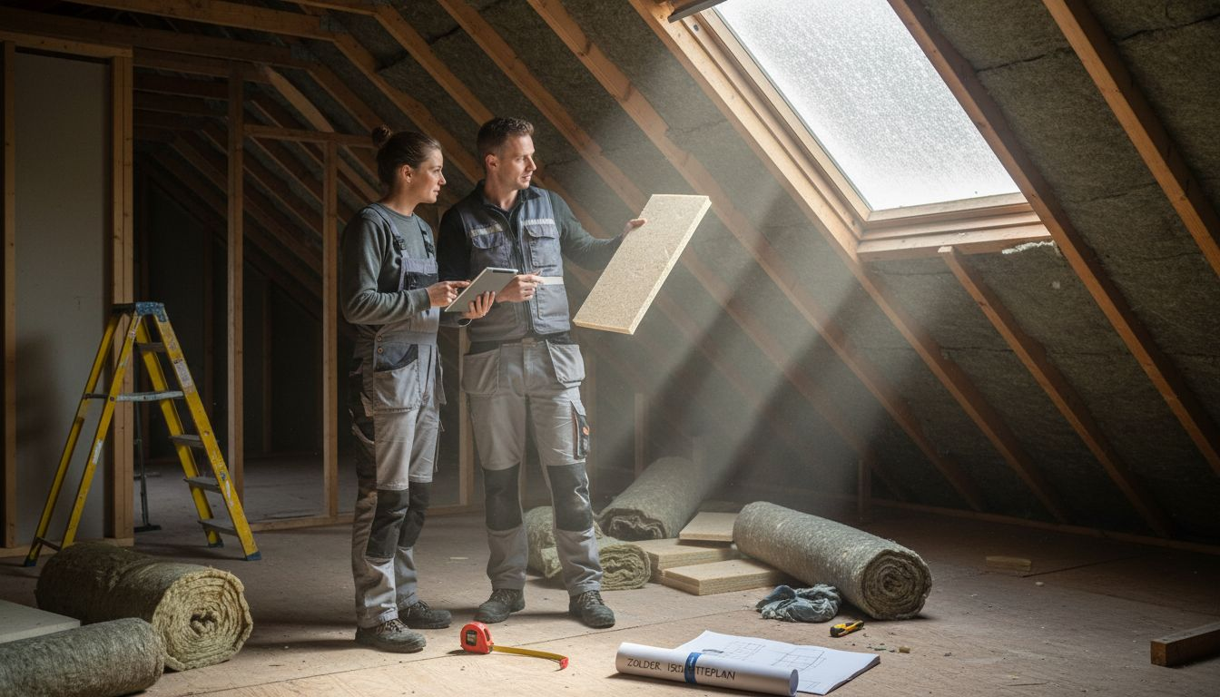 Huiseigenaren gaan in overleg met de aannemer over het isoleren van het dak.