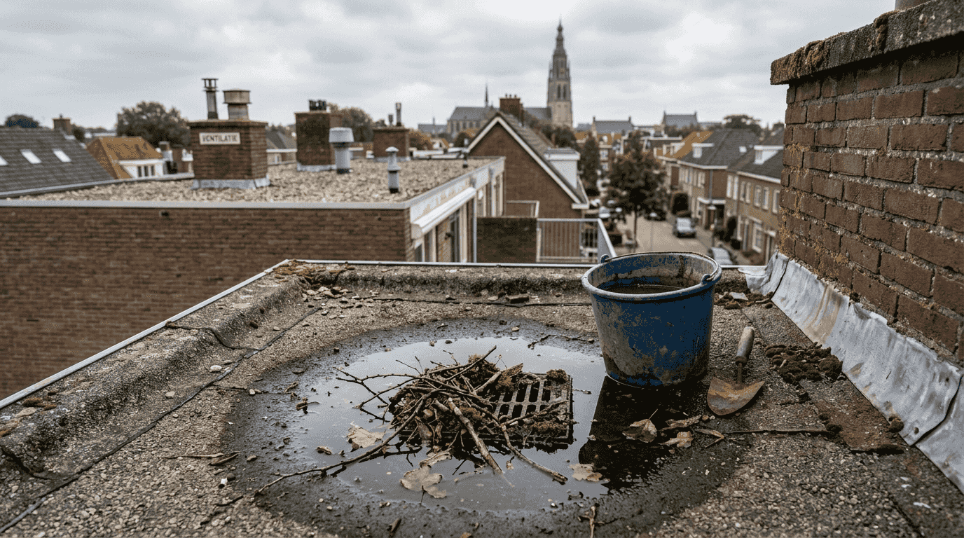 Een platte dak kan flink last krijgen van water dat blijft staan wanneer de afvoer verstopt raakt.