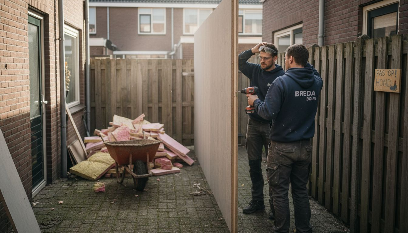 Vakmensen zijn bezig met het monteren van prefab panelen voor een aanbouw.